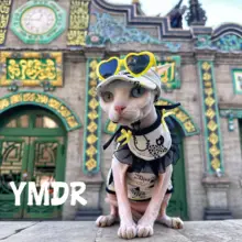 無毛猫 吊り帯 ペットよだれかけ 猫 野球帽 メガネ 綿夏用