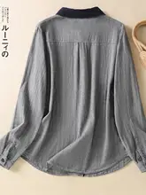 コットンリネン配色のドールカラーシャツ【春用・女性・スリーブ長め・ルーズフィット・文芸風】