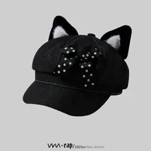 可愛いドットリボン付き猫耳八角帽【女性用・Y2Kスタイル】