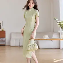 夏用シルクサテンの改良型チャイナドレス【高級感あるデザイン・女性用】