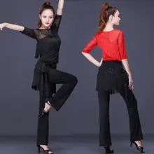 フリンジ付きラテンダンスウェア【ラウンドネック・中袖・ダンス練習用】