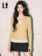 配色デザインのニットTシャツ【女性用・フィット感・長袖・ポロ襟】（セットアップ対応）