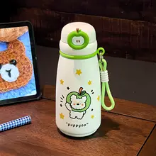 可愛いデザインのステンレスボトル【りんごと犬のイラスト・大容量・持ち運び便利】