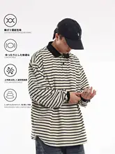 ブラックとホワイトのストライプが特徴的な長袖ポロシャツ【ゆったりシルエット】