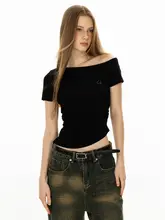 OFFSOUL 不規則デザイン 斜め肩短袖Tシャツ【フィット感あり・ウエスト絞り・女性用】