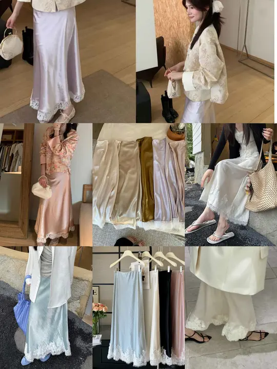 美しいレースとサテンのコントラスト ミニスカート【バックスリット・大人可愛い・夏向け】（セットアップ対応）