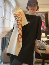 ブラック コットン 半袖 Tシャツ【ルースフィット・ハートプリント・ミディ丈】