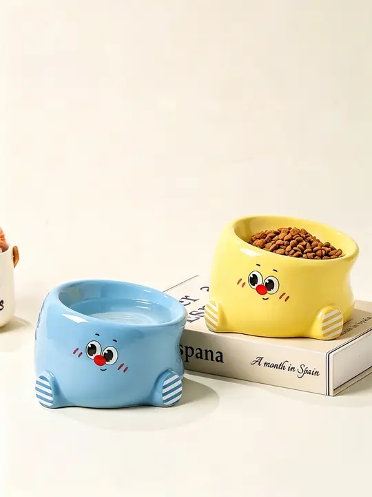 猫用陶製食器【水と餌に対応・高脚・白鹅绒使用】