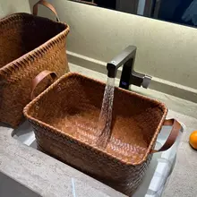 水洗い可能！レトロ風の高級フェイクラタン収納バスケット【お菓子・おもちゃ・衣類・雑貨整理用・ピクニックバスケット】