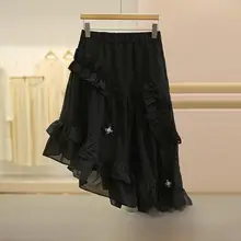 立体花柄デザインの不規則Aラインスカート【フリル付き・秋用】
