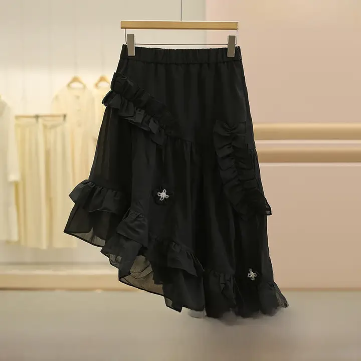 立体花柄デザインの不規則Aラインスカート【フリル付き・秋用】