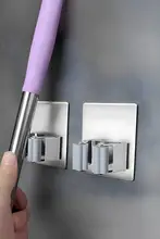 壁掛け用304不锈鋼モップホルダー【穴あけ不要・フック付き】