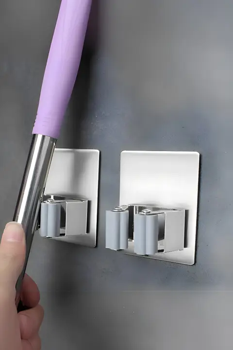 壁掛け用304不锈鋼モップホルダー【穴あけ不要・フック付き】