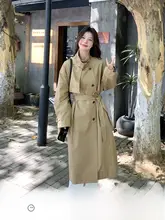 カキ色のゆったりした高級感漂うロングトレンチコート【春秋用・イギリス風】