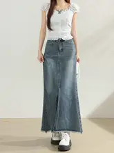 レトロなデザインのデニムハイウエストスカート【Aライン・膝下丈・フリンジ仕上げ・夏用】（セットアップ対応）