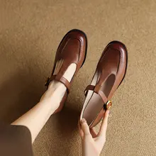 本革製 ラウンドトゥ T字フラップ マaryジェンシューズ【ミドルヒール・ヴィンテージスタイル・アカデミック風】
