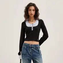 グレーのニットシャツ風デザインのハイネック長袖Tシャツ【リブ編み・タイトフィット・春向け】（セットアップ対応）