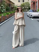 2点セット レディース ツイード風 ノースリーブ フリル パンツ きれいめ カジュアル リゾート 夏