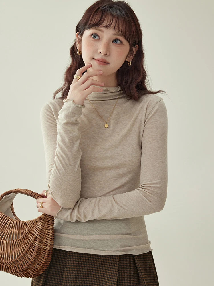 浅紫色の花柄ウール長袖Tシャツ【女性用・フィット感のあるデザイン・春用】