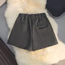 毛織りのウエストゴムショートパンツ【高ウエスト・グレー・ゆったりワイドレッグ】（セッ トアップ対応）