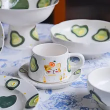 手描き陶器のコーヒーカップ【かわいい猫デザイン・デザートプレート・果物皿】