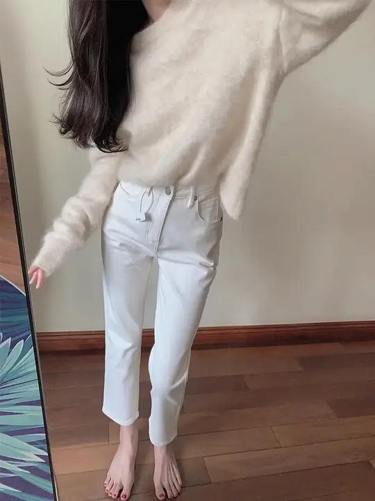 高腰ストレートデニムパンツ【女性用・柔らかい・九分丈】