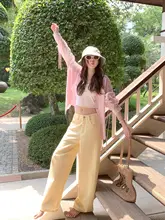 ハイウエストストレートデニムパンツ【春夏用・ライトイエロー・ゆったりシルエット】（セットアップ対応）