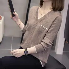 デザイン性のあるVネック長袖ニットトップス【秋冬用・大きいサイズ・スリム効果】