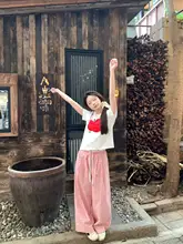 甘美な気泡水デザインの高腰ピンクチェック広がりパンツ【スタイル・スリム効果】