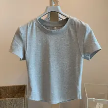 高腰クロップドTシャツ【デザイ  ン肩・ラウンドネック・ベーシック・夏用】