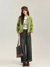 復古デザイン パフスリーブ ストレートジーンズ