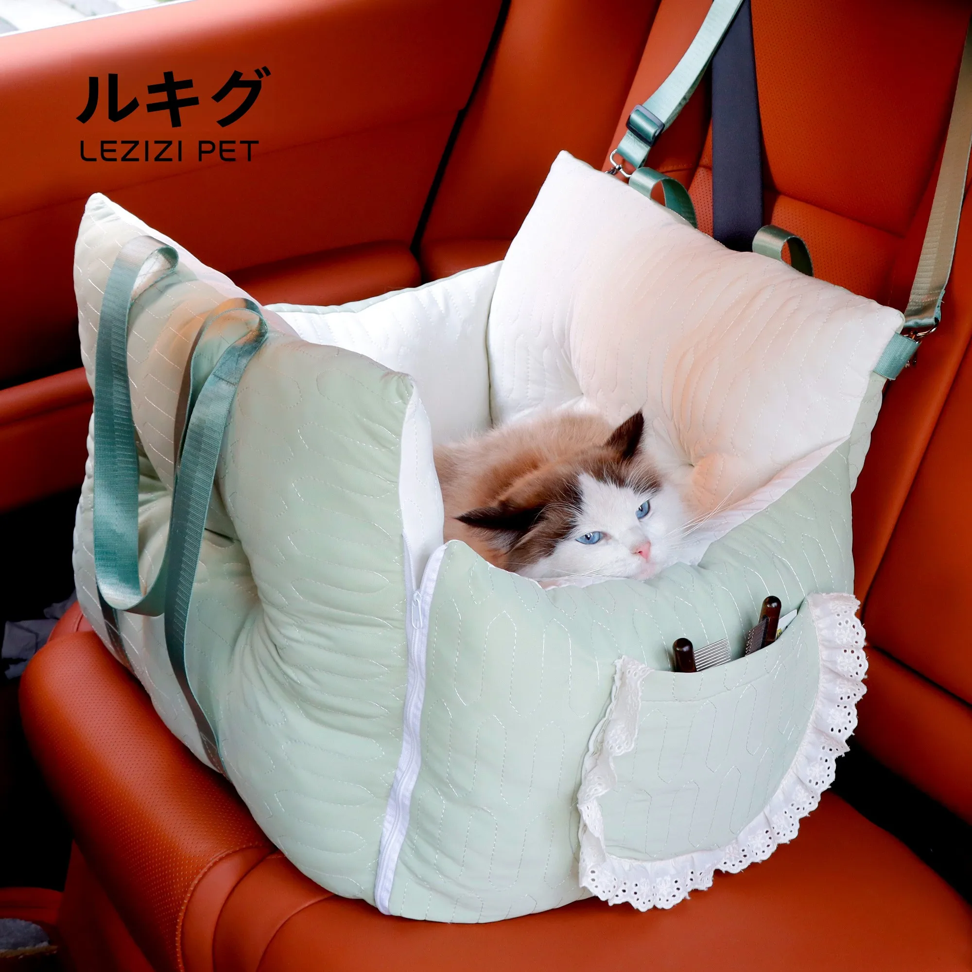 車載用ペットベッド：洗濯可能・安全ロープ付きの小型犬猫用ドーム型ベッド