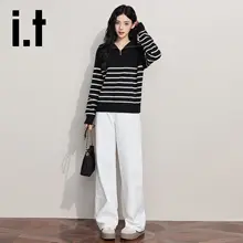ストライプのハーフジップニットトップス【女性用・ラウンジスタイル・襟付き】