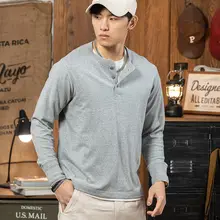 グレー コットン ヘンリーネックシャツ【アメリカンレトロ・長袖・スリムフィット】