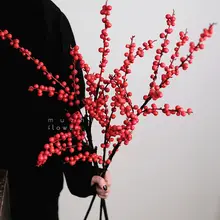 高級感ある冬青の赤い実のインテリア飾り【新年・春節装飾用・花瓶付き】