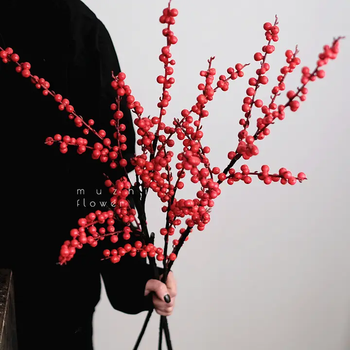 高級感ある冬青の赤い実のインテリア飾り【新年・春節装飾用・花瓶付き】