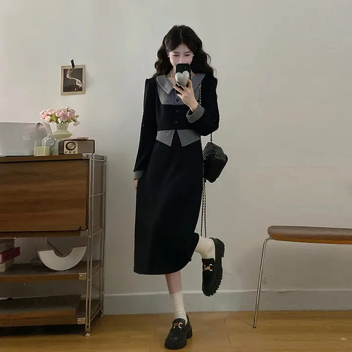 フリンジデザインのロングスリーブワンピース【春用・ゆったりフィット・ウエストシェイプ対応】（セットアップ対応）