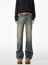デニムパンツ ユニセックス ウォッシュ加工 ブルー アメリカンスタイル ストリート スリム ストレート 着痩せ フレア 秋「BWKA」