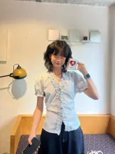 デザインストライプバブルスリーブシャツ【フリル襟・ウエストマーク・夏用・短袖】