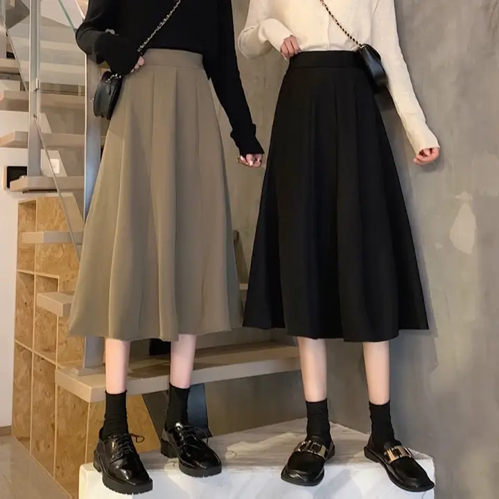 春秋用 ハイウエスト Aラインスカート【レディース・上品デザイン・中長丈・梨型体型対応】