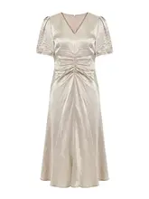 フレンチスタイルの優雅なVネックバブルスリーブドレス【醸酸サテン・フィット感】