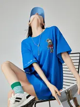 半袖Tシャツ レディース 刺繍 クラインブルー アメカジ ヴィンテージ ルーズ ミディアム丈 体型カバー 夏