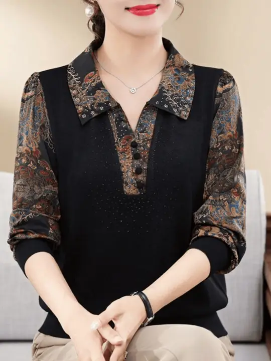 ランダムフラワープリントの長袖Tシャツ【大きいサイズ・スリムなデザイン・ポロカラー】（セットアップ対応）