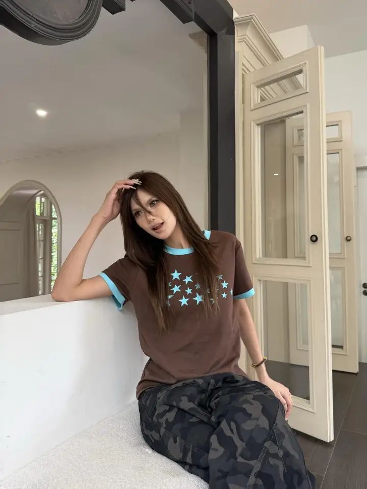 アメリカンビンテージ風 カラー星柄プリントカップル用半袖Tシャツ【ラウンドネック・ゆったりサイズ】（セットアップ対応）