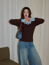 ブラウンの女性用冬用ニットポロシャツ【フィット感あるデザイン・レイヤードスタイル】（セットアップ対応）