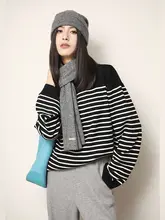 オーストラリアウールのストライプニットセーター【半開襟・冬用・保温性・高級感】