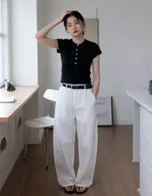 白色のハイウエストワイドパンツ【涼感・フィット・薄手】