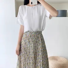 リボン付きデザインの半袖Tシャツ【ドレープ・ビジュー装飾・ホワイト・シフォン混紡】