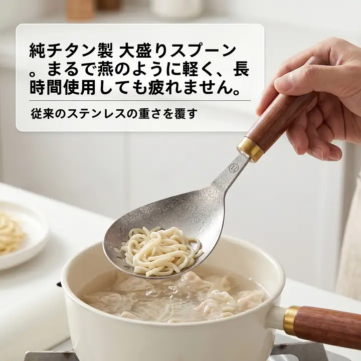 純チタン製 漉し網スプーン【木製ハンドル・304ステンレス・軽量・実用的】