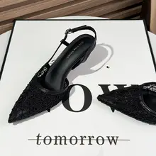 通気性のあるフレンチスタイルメッシュヒールサンダル【黒・キャップトゥ・シンプルデザイン・ハイヒール】